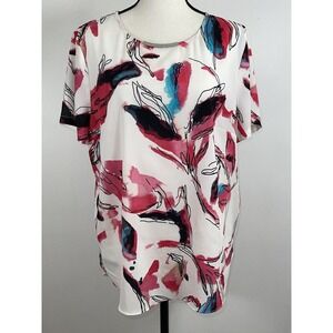 DKNYC Women White Pink Watercolor Floral Short Sleeve Blouse Large